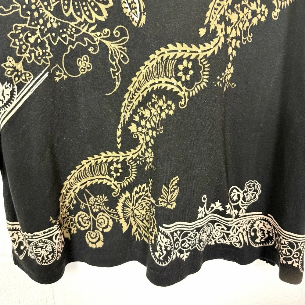 CJ Banks Tunic Black Tan Paisley Floral Beaded Artsy Eclectic Office Bohemian 1X - Picture 5 of 14